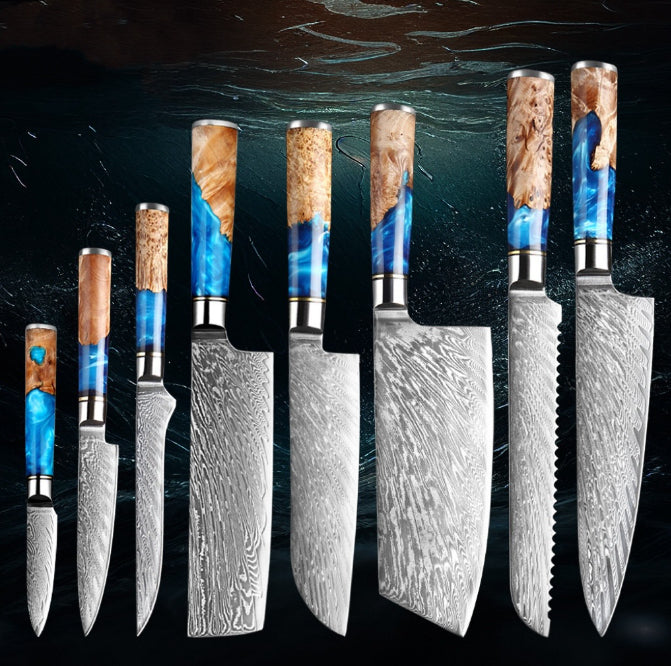 Damascus Kitchen Knife Set (7-Piece) – Razor Sharp VG10 Steel, Blue Resin Handle