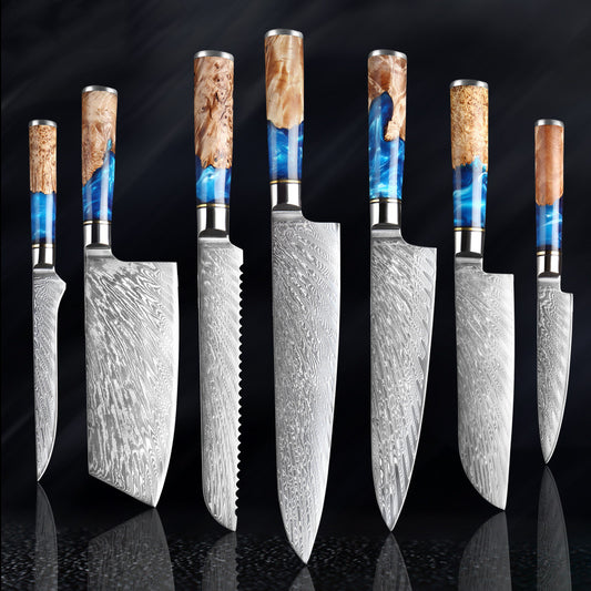 Damascus Kitchen Knife Set (7-Piece) – Razor Sharp VG10 Steel, Blue Resin Handle
