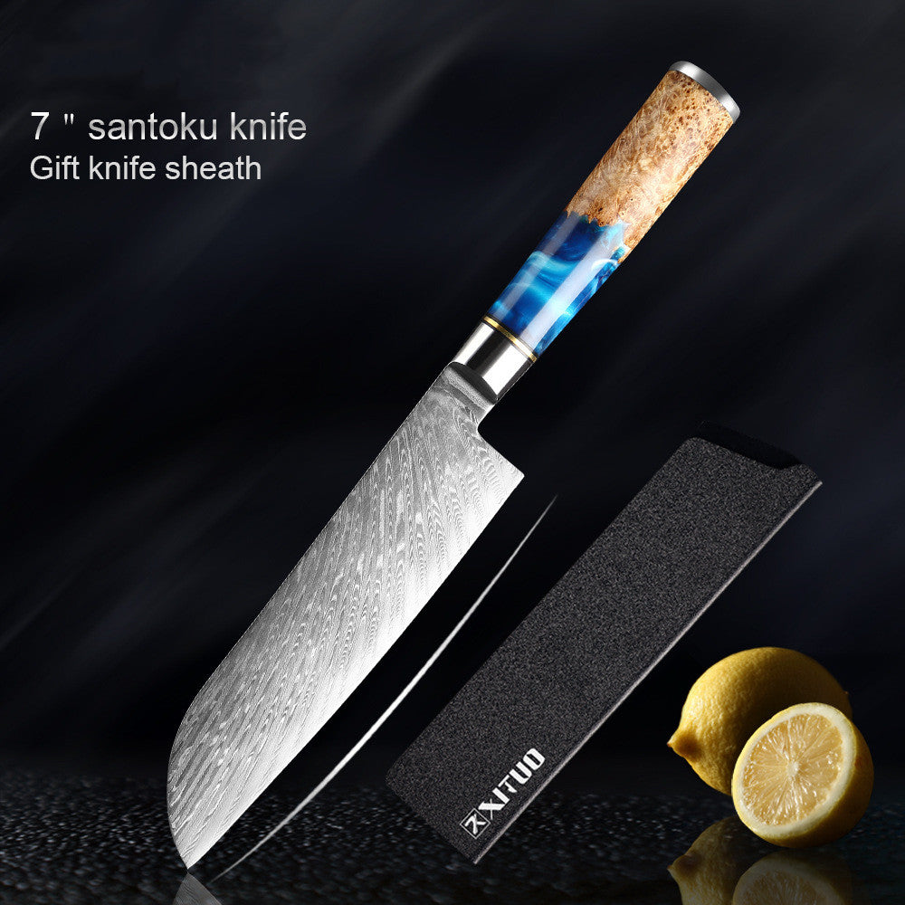 Damascus Kitchen Knife Set (7-Piece) – Razor Sharp VG10 Steel, Blue Resin Handle