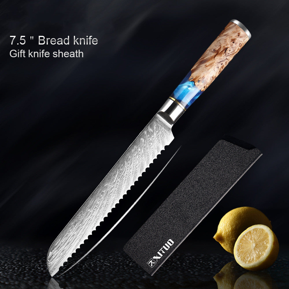 Damascus Kitchen Knife Set (7-Piece) – Razor Sharp VG10 Steel, Blue Resin Handle