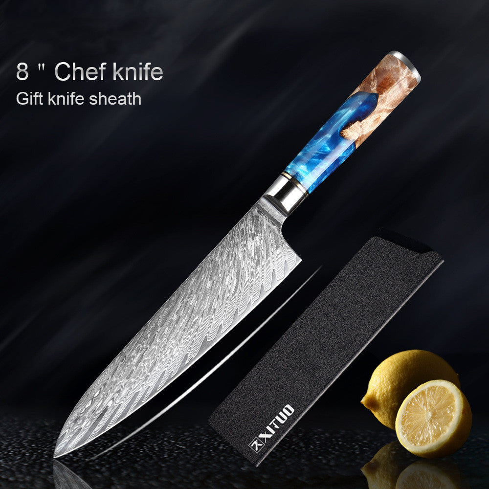 Damascus Kitchen Knife Set (7-Piece) – Razor Sharp VG10 Steel, Blue Resin Handle