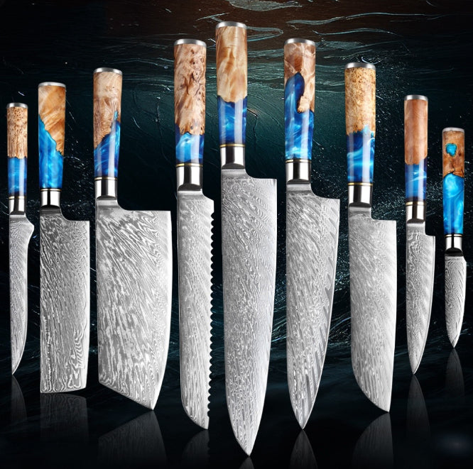 Damascus Kitchen Knife Set (7-Piece) – Razor Sharp VG10 Steel, Blue Resin Handle
