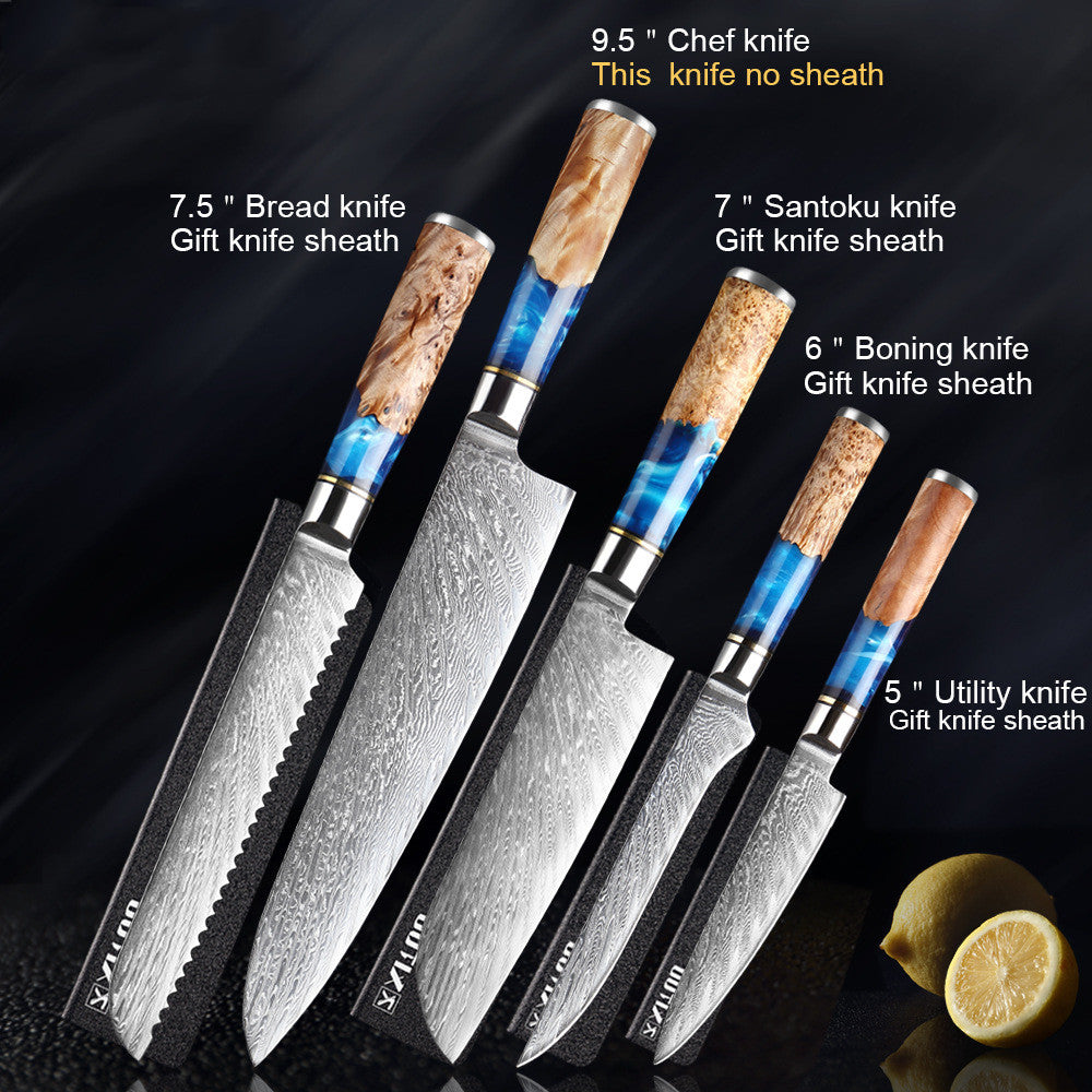 Damascus Kitchen Knife Set (7-Piece) – Razor Sharp VG10 Steel, Blue Resin Handle